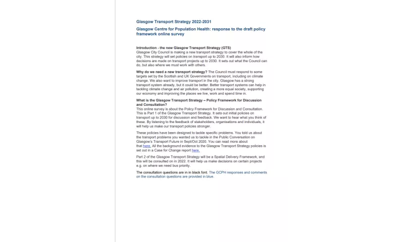 GCPH response - Glasgow Transport Strategy 2022-2031 (policy framework)