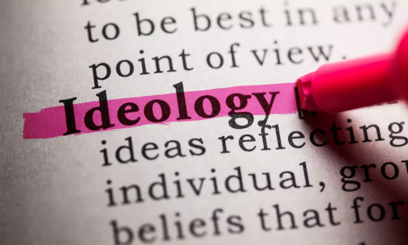 Dictionary entry with the word 'ideology' in bold and highlighted in pink