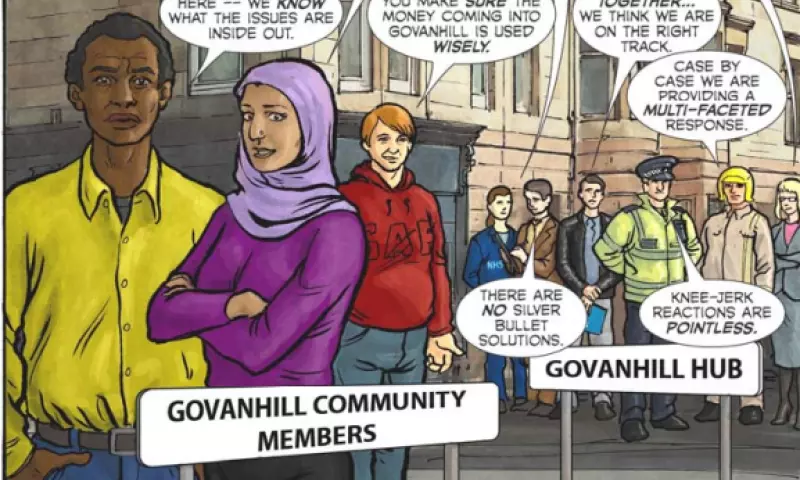 Snapshot of a comic style illustration with a diverse crowd in front of the Govanhill community hub.