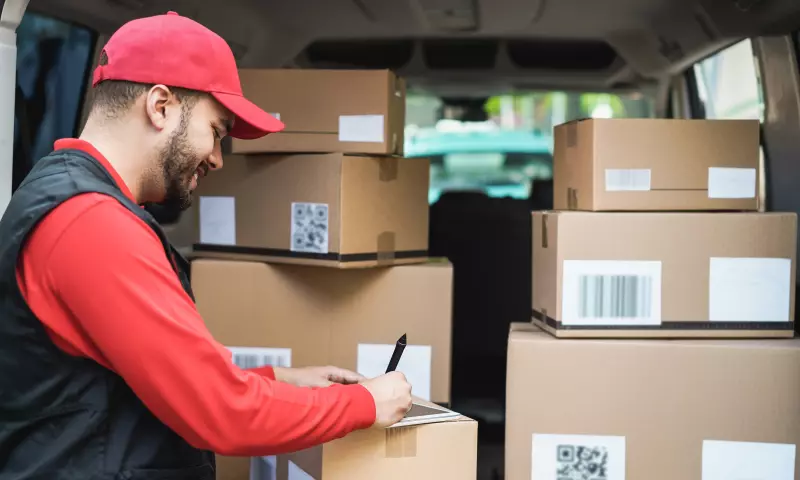 A delivery driver in front of his van, signing a delivery sheet. The back is open and the van is filled with packages in cardboard boxes.