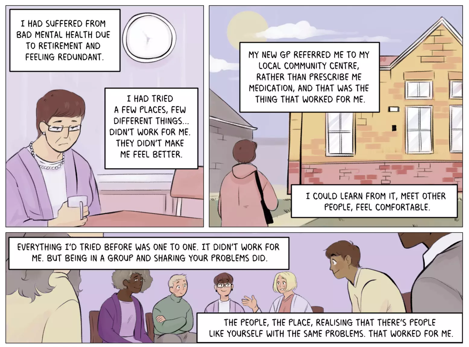 An excerpt of one of the comic book stories, with three panels representing a retired woman explaining her struggles with mental health and how joining her local community group, meeting new people and sharing her stories helped her.